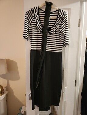 Black & White Striped Bodice Midi Dress with Ruffle Detail